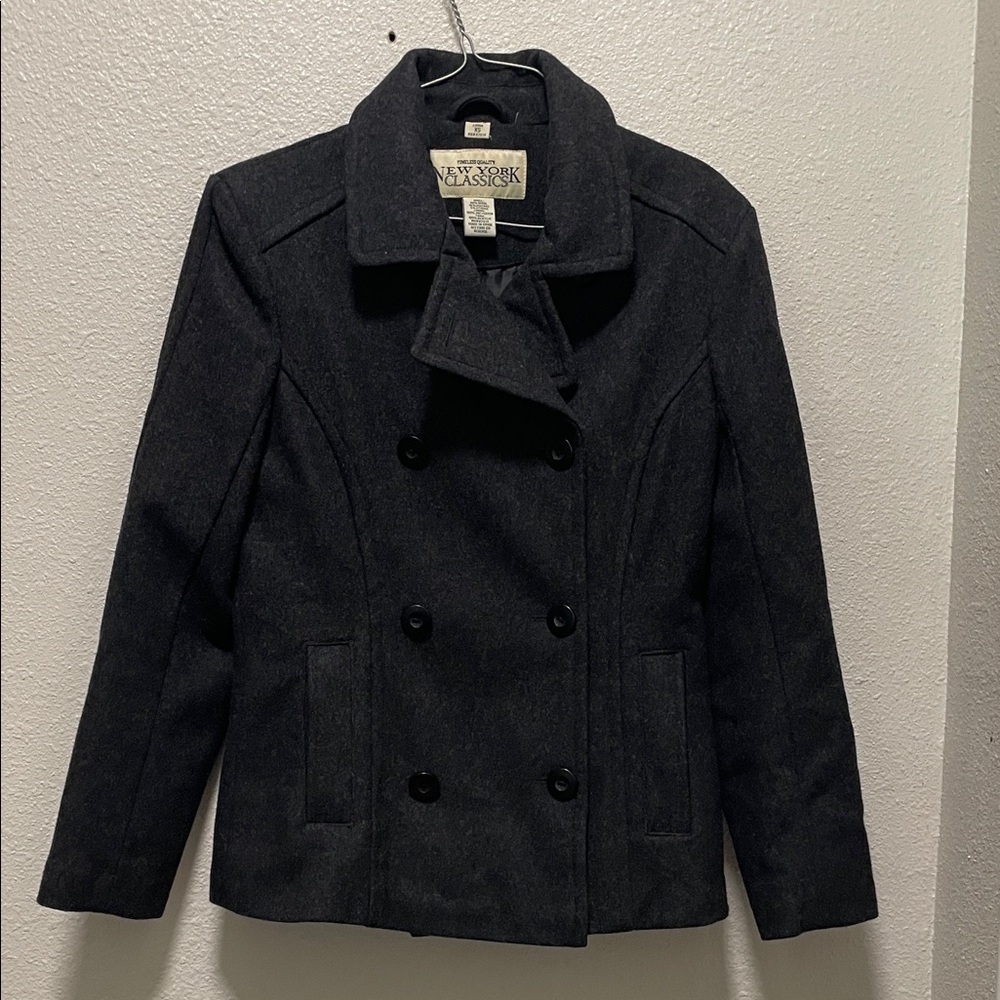 New York Classics Women’s Sz XS Wool Peacoat Grey Double Breasted Pockets